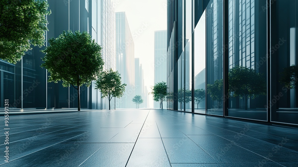 Close up clean empty road on modern office of city building buildings. AI generated image Close up clean empty road on modern office of city building buildings. AI generated image