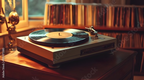 Classic vinyl record collection, vintage turntable, soft jazz music playing, warm amber lighting, retro decor, high-resolution detail, nostalgic and vintage vibe