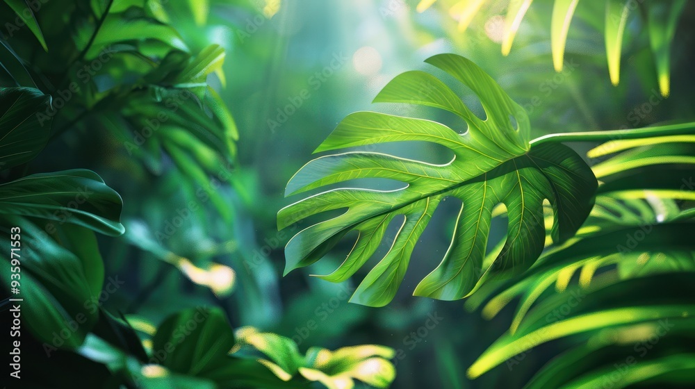 A photorealistic image of a tropical leaf emerging from the depths of a lush rainforest A photorealistic image of a tropical leaf emerging from the depths of a lush rainforest
