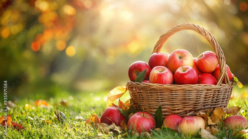 Wooden Basket With Red Apples On Grass In Sunny Garden - Autumn And Harvest with generative ai Wooden Basket With Red Apples On Grass In Sunny Garden - Autumn And Harvest with generative ai
