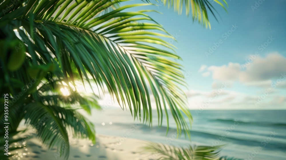 A photorealistic image of a palm leaf, swaying gently in the breeze against a backdrop A photorealistic image of a palm leaf, swaying gently in the breeze against a backdrop
