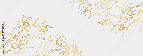 Luxury gold Narcissus flowers background. Daffodil Floral pattern tropical in line art style for greeting, invitation, wedding card, wall art, wallpaper and print. Vector illustration
