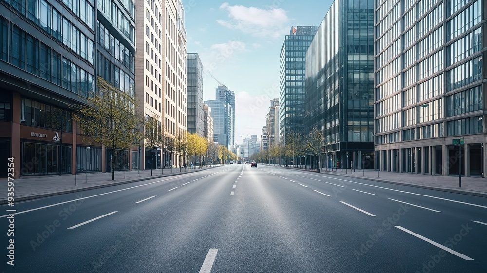 Close up clean empty road on modern office of city building buildings. AI generated image Close up clean empty road on modern office of city building buildings. AI generated image