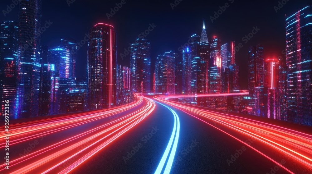 3d rendering cityscape with red and light blue light trail on road. Concept city, downtown district, town at night with bright neon light. 3d rendering cityscape with red and light blue light trail on road. Concept city, downtown district, town at night with bright neon light.