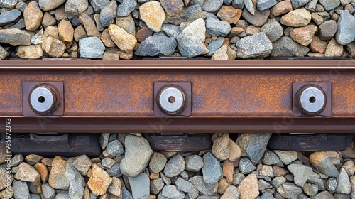 Detailed view of the cross-section of rusty railroad rail in a storage yard photo