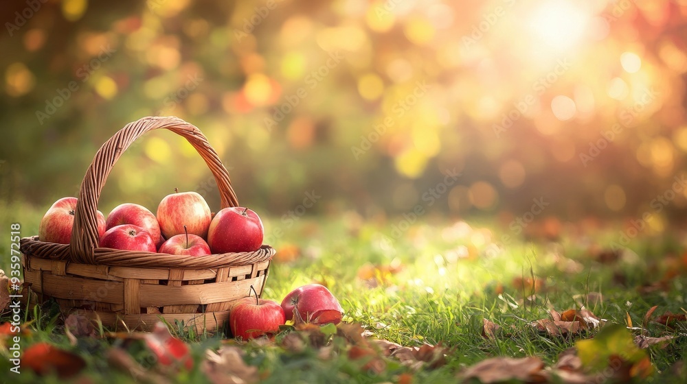 Wooden Basket With Red Apples On Grass In Sunny Garden - Autumn And Harvest with generative ai