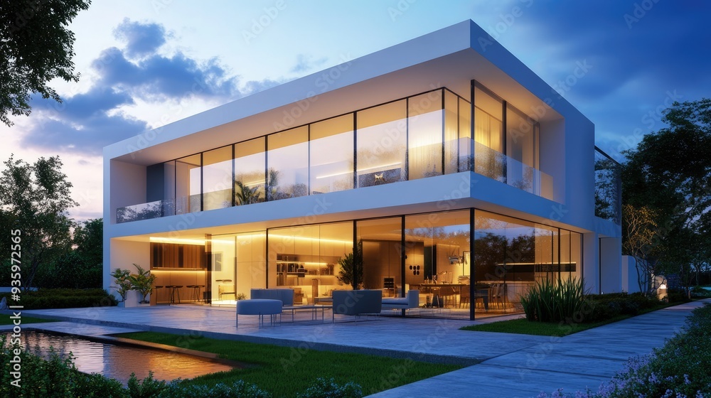 3D rendering of a chic modern house with a glass facade and sleek interior design. 3D rendering of a chic modern house with a glass facade and sleek interior design.