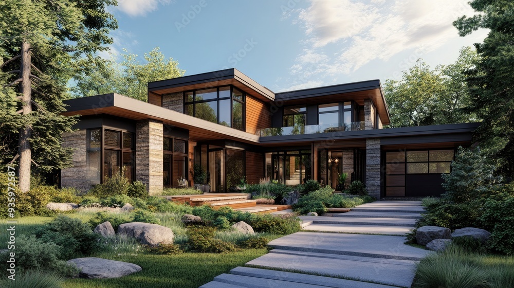 3D rendering of a contemporary home with a mix of natural materials and modern design. 3D rendering of a contemporary home with a mix of natural materials and modern design.