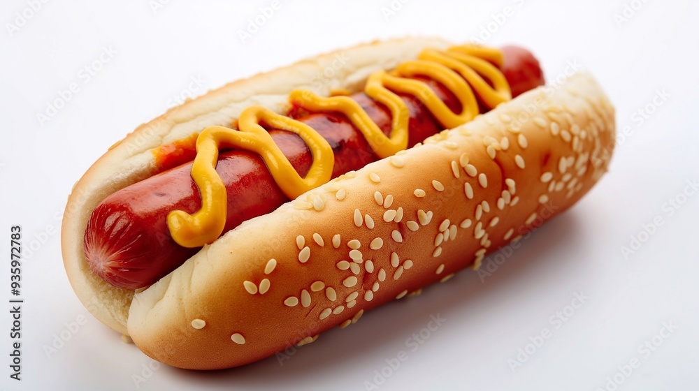 Hot dog with sausage, mustard, ketchup on white background Hot dog with sausage, mustard, ketchup on white background