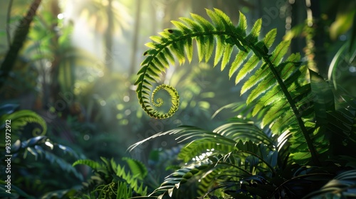 A leafy green forest with a large fern in the middle