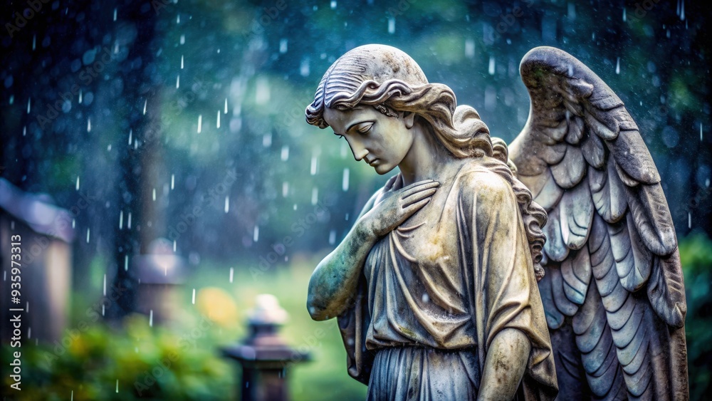 Weathered stone angel statue in rain at cemetery, weathered, stone, statue, angel, wings, rain, cemetery, memorial Weathered stone angel statue in rain at cemetery, weathered, stone, statue, angel, wings, rain, cemetery, memorial