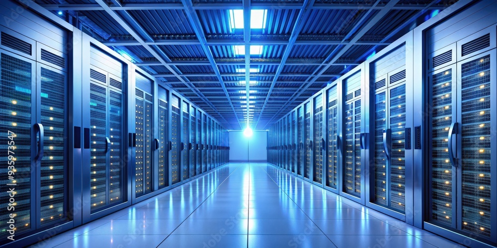 Fototapeta premium Corridor of server room with server racks in datacenter, , datacenter, server room, corridor, server racks