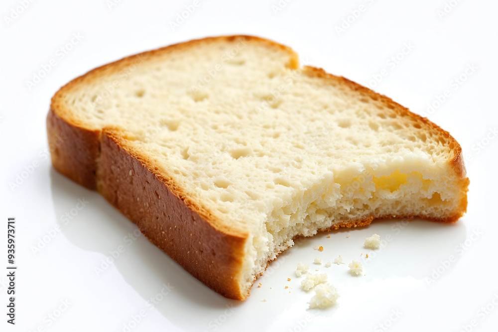 A slice of plain wheat bread with brown crust, freshly baked, soft, delicious, part bitten, peel off and eaten, a nutritious daily breakfast staple, isolated on white background. Macro closeup view. A slice of plain wheat bread with brown crust, freshly baked, soft, delicious, part bitten, peel off and eaten, a nutritious daily breakfast staple, isolated on white background. Macro closeup view.