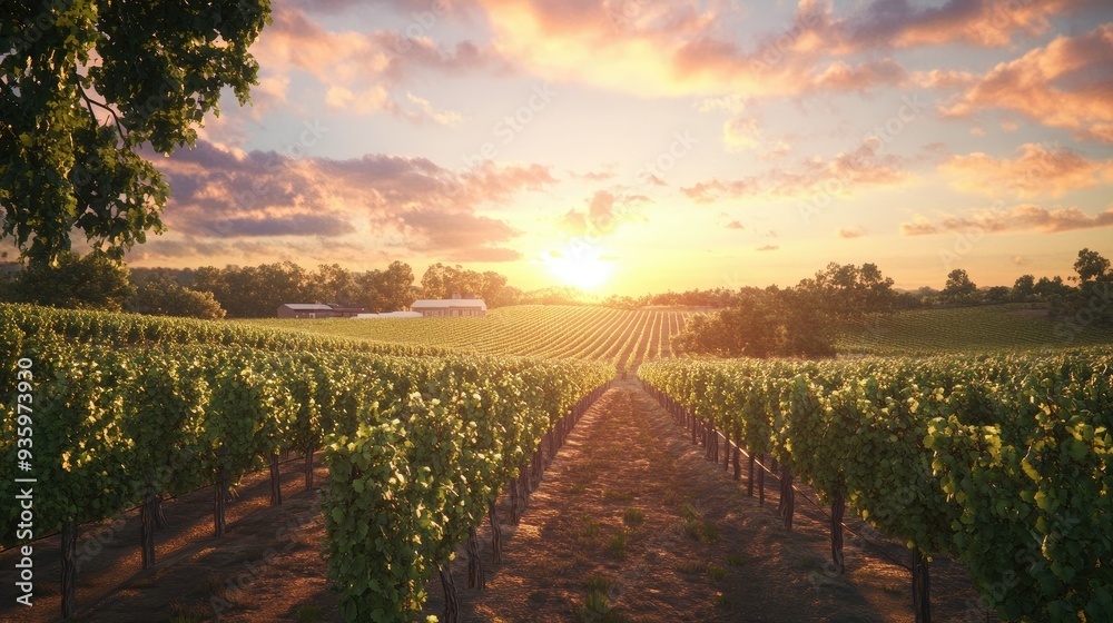 Naklejka premium 3D rendering of an idyllic vineyard with rows of grapevines, a winery, and a beautiful sunset.