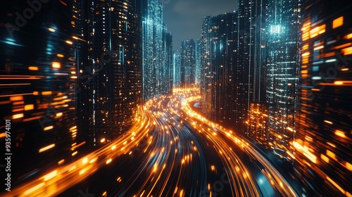 3D Rendering of warp speed in hyper loop with blur light from buildings' lights in mega city at night. Concept of next generation technology, fin tech, big data, 5g fast network, machine learning