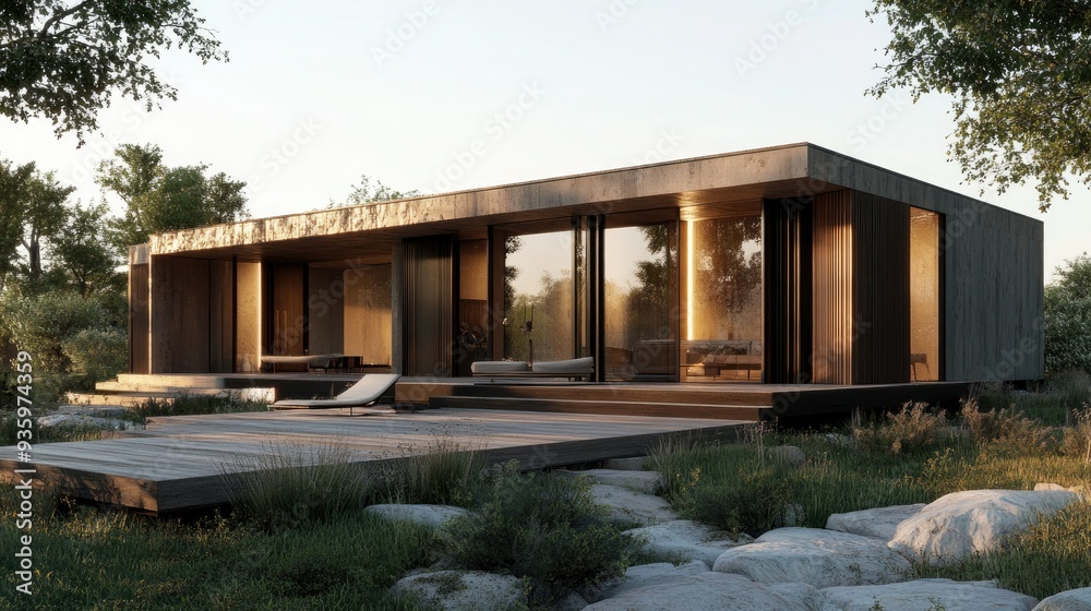 3D visualization of a chic modern house featuring clean lines and a spacious terrace. 3D visualization of a chic modern house featuring clean lines and a spacious terrace.
