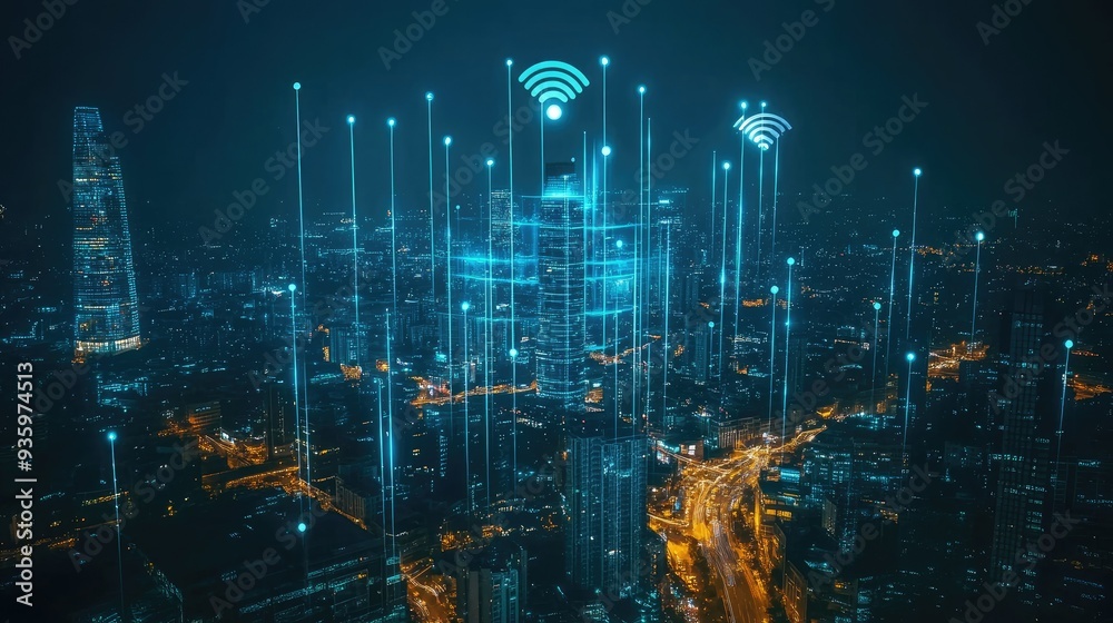 5G network wireless systems and internet of things with modern city skyline 5G network wireless systems and internet of things with modern city skyline