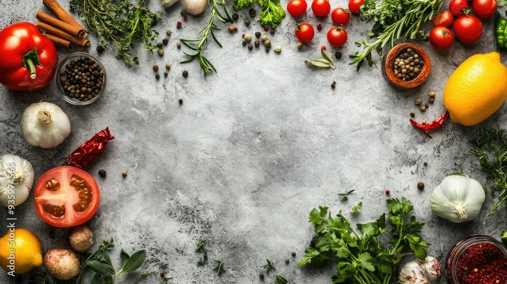 A beautiful frame of fresh vegetables, spices, and herbs on a gray stone background, providing plenty of space for text or branding.