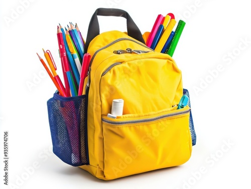 Backpack with School Supplies Isolated on White Background