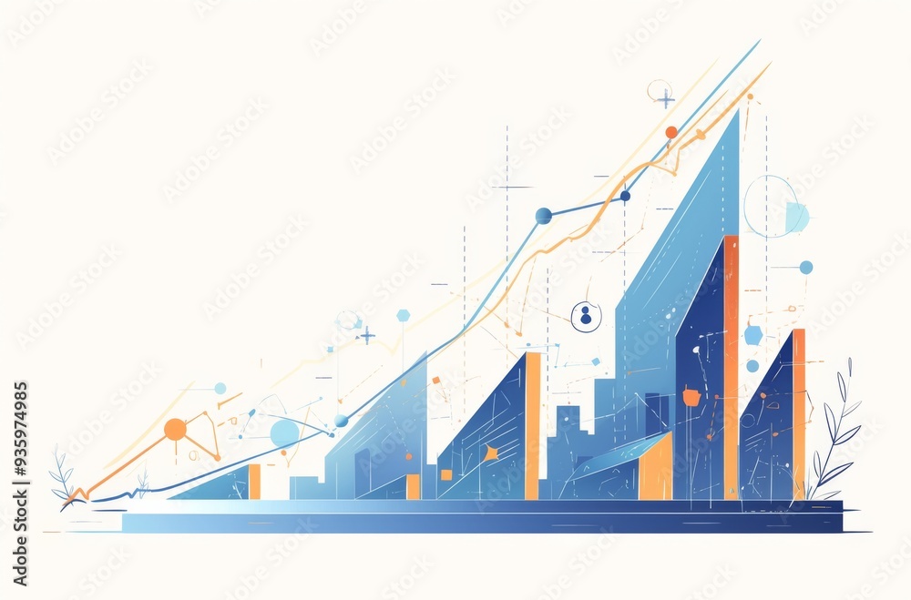 a Stock Market Graph with Upward Trend Lines on White Background, Featuring Blue and Orange Color Scheme, Bar and Line Charts, Symbolizing Business Success and Financial Growth a Stock Market Graph with Upward Trend Lines on White Background, Featuring Blue and Orange Color Scheme, Bar and Line Charts, Symbolizing Business Success and Financial Growth