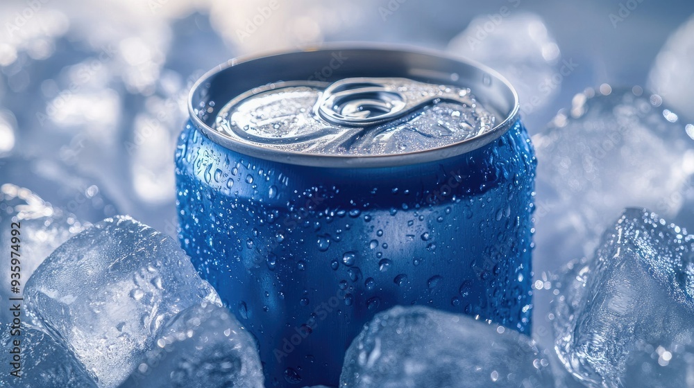 A can of soda surrounded by ice cubes, with condensation droplets making it look chilled and refreshing. A can of soda surrounded by ice cubes, with condensation droplets making it look chilled and refreshing.