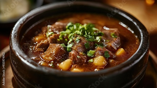 A bowl of shark fin stew, highlighted by warm lighting that accentuates the rich color and texture of the dish.