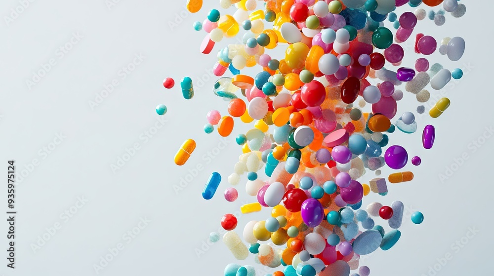 A cascade of colorful pills, in various shapes and sizes, falling onto a light grey backdrop, forming a vibrant display. A cascade of colorful pills, in various shapes and sizes, falling onto a light grey backdrop, forming a vibrant display.