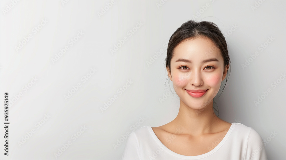A charming young Korean woman with dewy, healthy skin, smiling warmly while posing in a simple white top against a light, neutral background. A charming young Korean woman with dewy, healthy skin, smiling warmly while posing in a simple white top against a light, neutral background.
