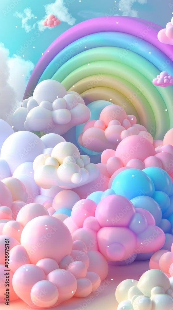 A breathtaking tapestry of soft pastel colors showcases an enchanting rainbow gently rising above billowing clouds. This serene vista invites daydreams of joy and splendor A breathtaking tapestry of soft pastel colors showcases an enchanting rainbow gently rising above billowing clouds. This serene vista invites daydreams of joy and splendor