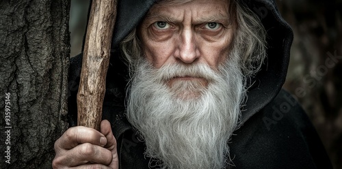 Portrait of a close-up elderly man with a long white beard and mustache photo