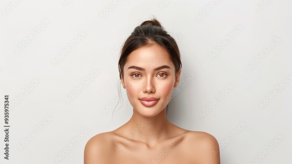 Portrait of a young Thai woman with smooth skin and a neutral expression, wearing minimal makeup, against a clean white background.
