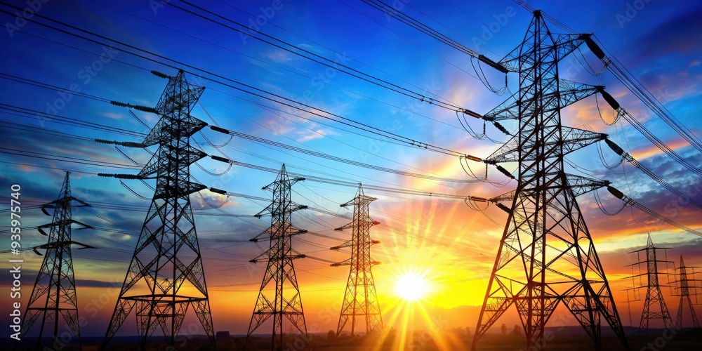 Fototapeta premium Electricity transmission towers with glowing wires against blue sky Energy concept, electricity