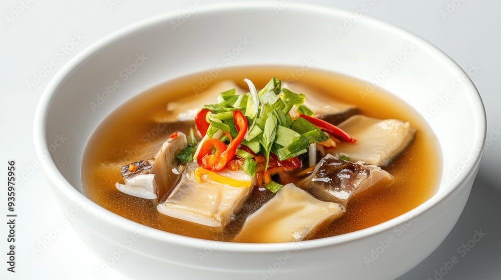 A gourmet presentation of braised shark fin soup in a white dish, isolated on a neutral grey background. A gourmet presentation of braised shark fin soup in a white dish, isolated on a neutral grey background.