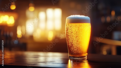 A glass of golden beer with a frothy top, bathed in warm, soft light, exuding a cozy and inviting vibe.