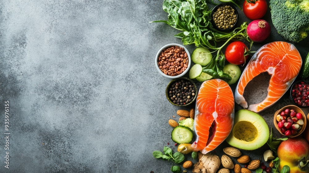 A healthy food flat lay featuring colorful vegetables, fruits, nuts, and fish on a concrete backdrop. Ideal for promoting clean eating habits. A healthy food flat lay featuring colorful vegetables, fruits, nuts, and fish on a concrete backdrop. Ideal for promoting clean eating habits.