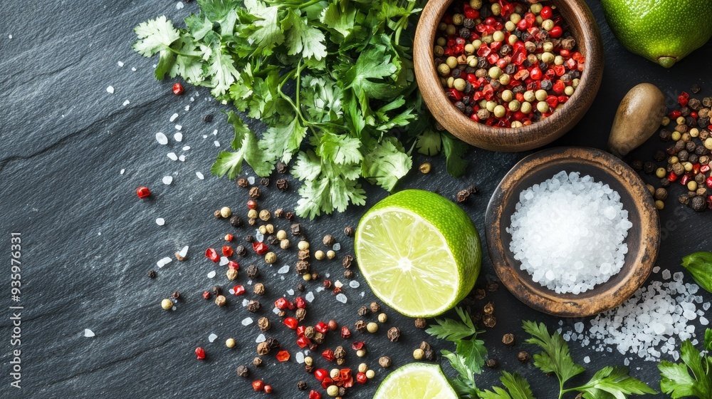 A mix of green herbs, colorful pepper seeds, lime, and salt on a slate table, showcasing the essentials of flavorful cooking. Ideal for food photography. A mix of green herbs, colorful pepper seeds, lime, and salt on a slate table, showcasing the essentials of flavorful cooking. Ideal for food photography.