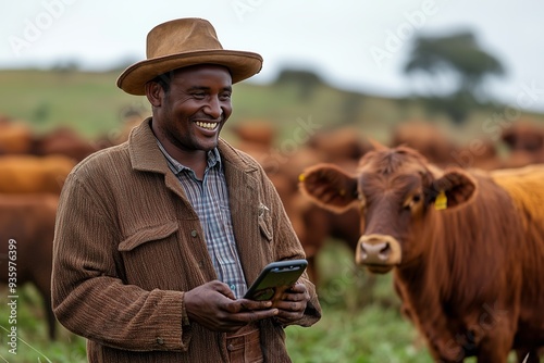 Farmer using a smartphone while smiling amidst a herd of cattle on a lush farm during daylight