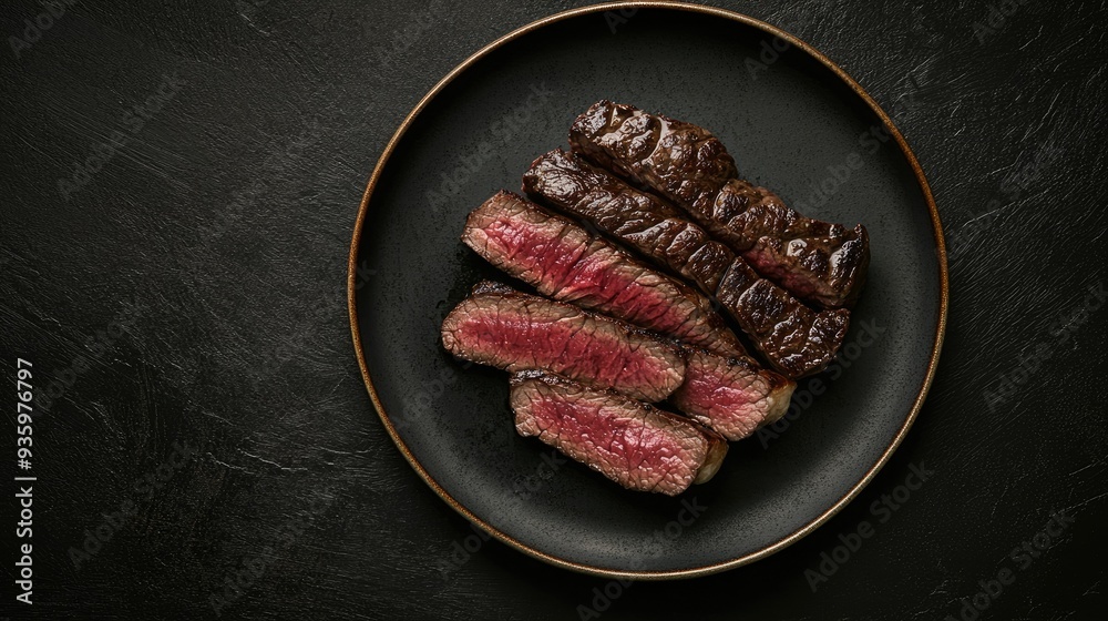 A perfectly cooked Wagyu Rib Eye steak, sliced and arranged on a plate. The dark background emphasizes the juicy, tender beef. Top view. A perfectly cooked Wagyu Rib Eye steak, sliced and arranged on a plate. The dark background emphasizes the juicy, tender beef. Top view.