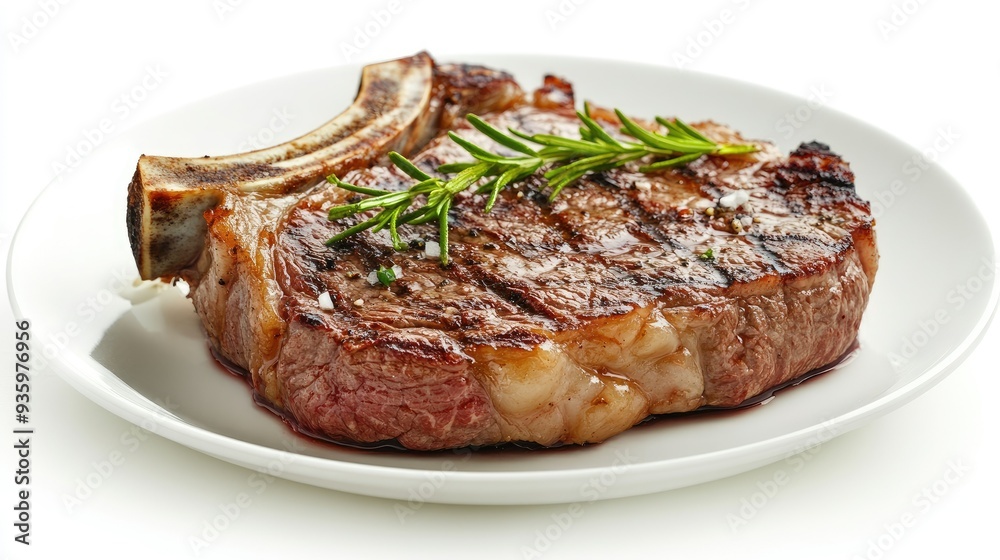 A perfectly grilled beef steak with bone, isolated on a white plate and background. The simplicity enhances the steak's juicy, flavorful texture. A perfectly grilled beef steak with bone, isolated on a white plate and background. The simplicity enhances the steak's juicy, flavorful texture.