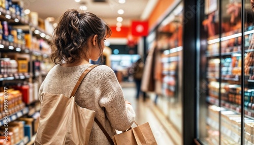 A woman walks around the store, chooses and buys goods