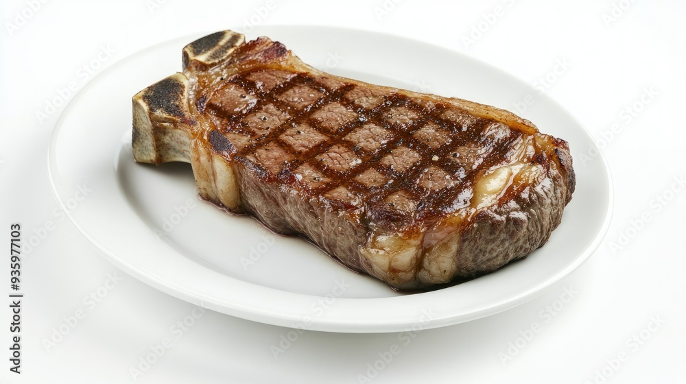 A perfectly seared beef steak with bone, isolated on a white plate and background. The simplicity draws attention to the steak's juicy texture. A perfectly seared beef steak with bone, isolated on a white plate and background. The simplicity draws attention to the steak's juicy texture.
