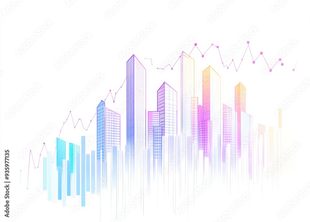 Stock Market Graph Lines with buildings cityscape on White Background, Featuring Light Blue and Purple Colors Stock Market Graph Lines with buildings cityscape on White Background, Featuring Light Blue and Purple Colors