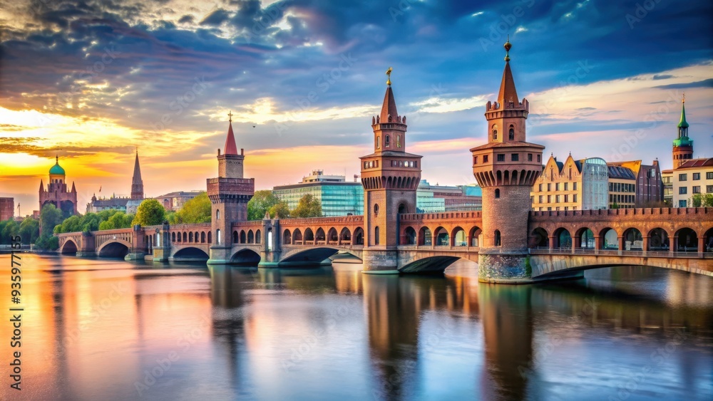 Obraz premium Iconic Oberbaum Bridge in Berlin with city skyline in the background, Berlin, Germany