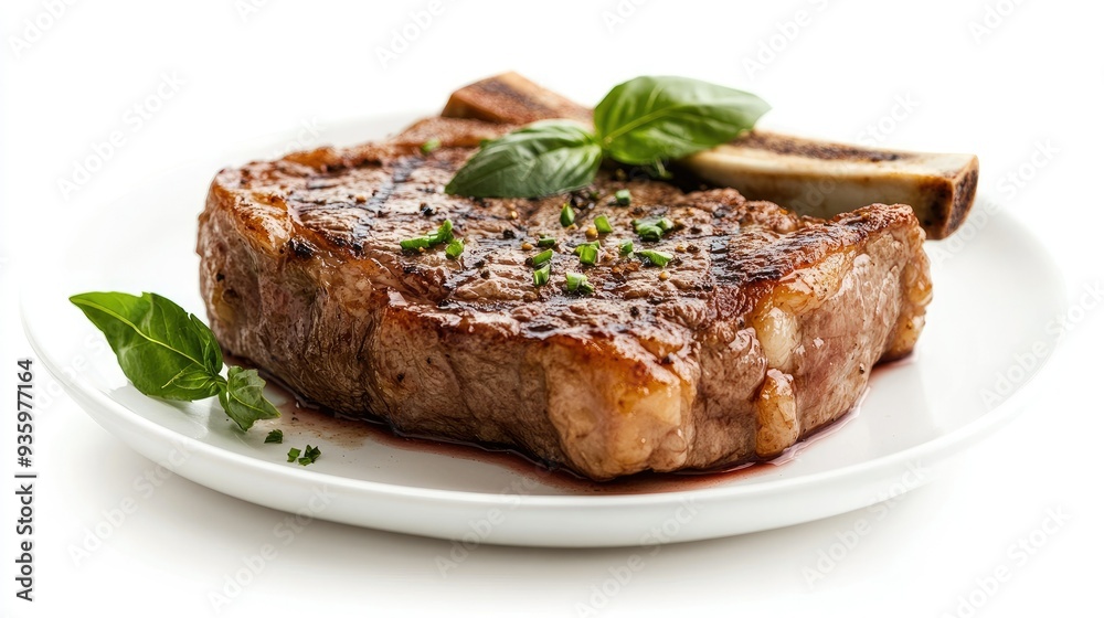A perfectly seared beef steak with bone, isolated on a white plate and background. The simplicity draws attention to the steak's juicy texture. A perfectly seared beef steak with bone, isolated on a white plate and background. The simplicity draws attention to the steak's juicy texture.