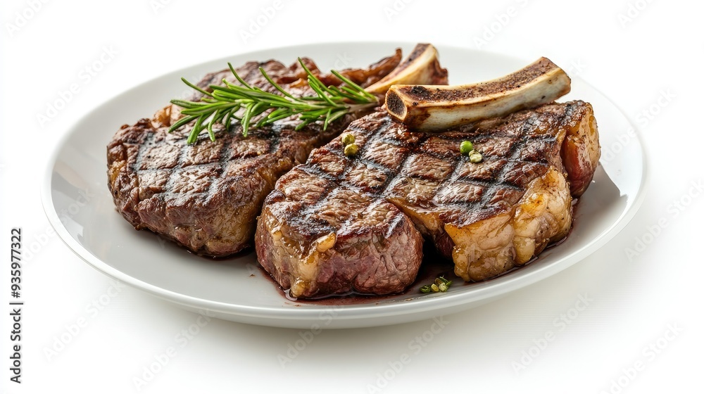 A plate of grilled beef steak with bone, isolated on a white background. The juicy, tender steak is the focus, with no distractions. A plate of grilled beef steak with bone, isolated on a white background. The juicy, tender steak is the focus, with no distractions.
