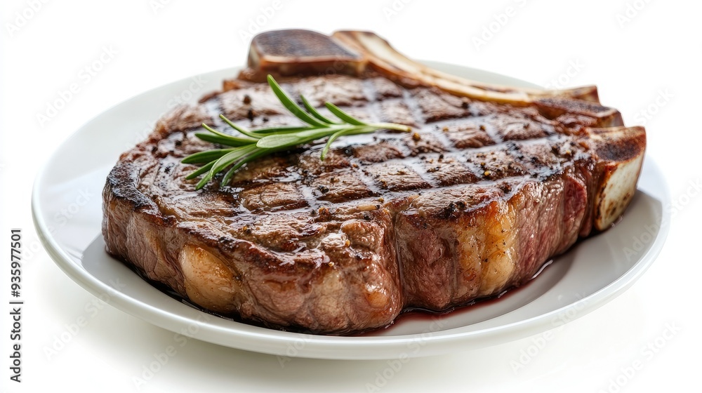 A plate of juicy grilled beef steak with bone, isolated on a white background. The minimal setting emphasizes the steak's tender, flavorful meat. A plate of juicy grilled beef steak with bone, isolated on a white background. The minimal setting emphasizes the steak's tender, flavorful meat.