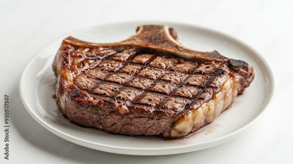 A plate of juicy grilled beef steak with bone, isolated on a white background. The minimal setting emphasizes the steak's tender, flavorful meat. A plate of juicy grilled beef steak with bone, isolated on a white background. The minimal setting emphasizes the steak's tender, flavorful meat.