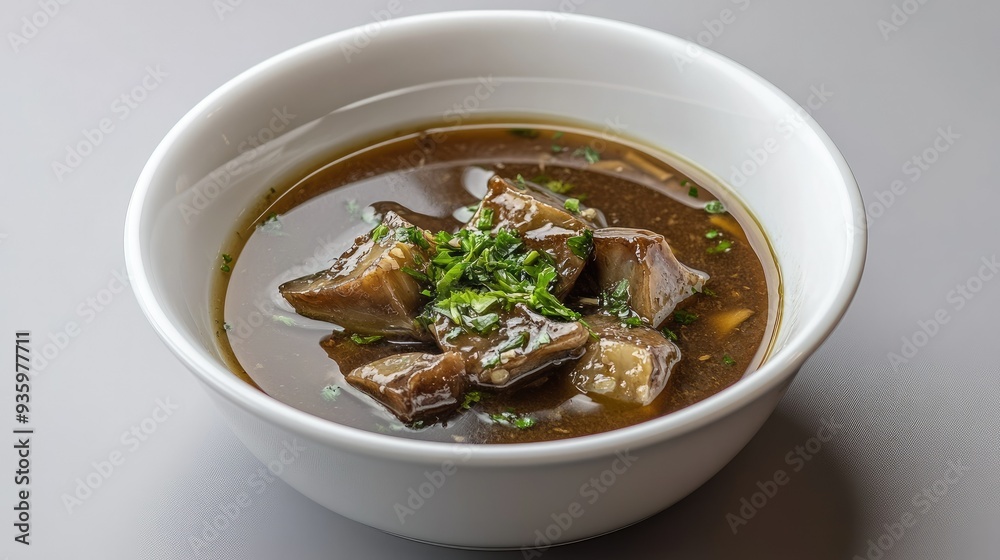 A refined serving of braised shark fin soup in a pristine dish, isolated against a muted grey background. A refined serving of braised shark fin soup in a pristine dish, isolated against a muted grey background.