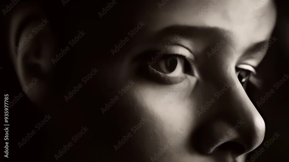 A close-up exploration of facial features highlighting emotions and expression in low light settings A close-up exploration of facial features highlighting emotions and expression in low light settings