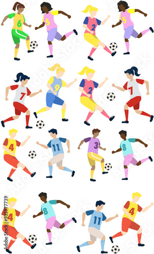 Soccer players kicking ball characters set with girls and boys, flat cartoon vector illustration isolated on white background. Soccer or football game players collection.